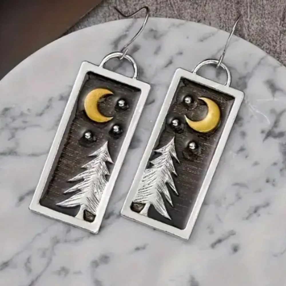 Gold Moon and Silver Tree Earrings